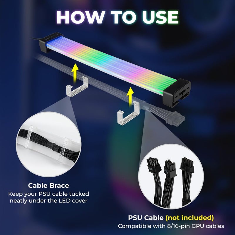 TECWARE Flex RGB Cable Cover Kit | Compatible with 24-Pin Motherboard and 8-Pin/16-Pin GPU | ARGB PSU Cable Extension with 5V 3-Pin Sync | RGB Lighting Kit for PC Cables | Black - Image 3